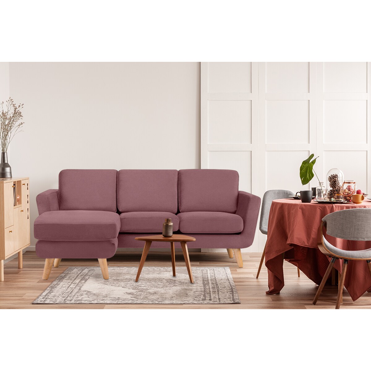 KONSIMO TAGIO Skandynawski narożnik welurowy w kolorze różowym z pufem/ otomaną, lewy