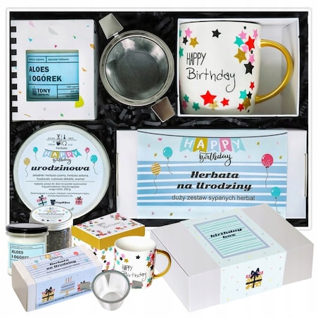 Najlepszy URODZINOWY GIFTBOX z herbatą smakową mix i ozdobnym kubkiem gift