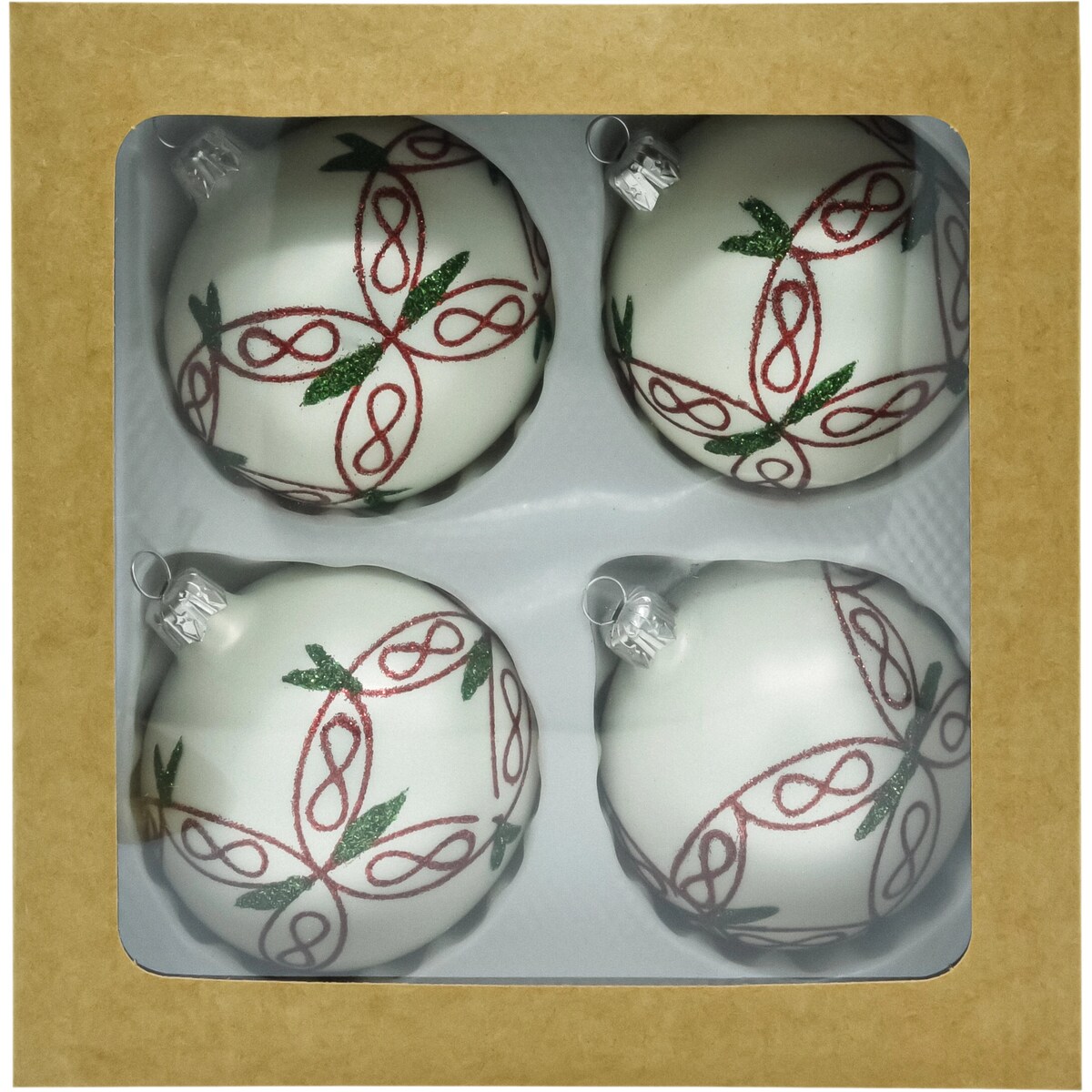 Bombki okrągłe białe: czerwono-zielony ornament