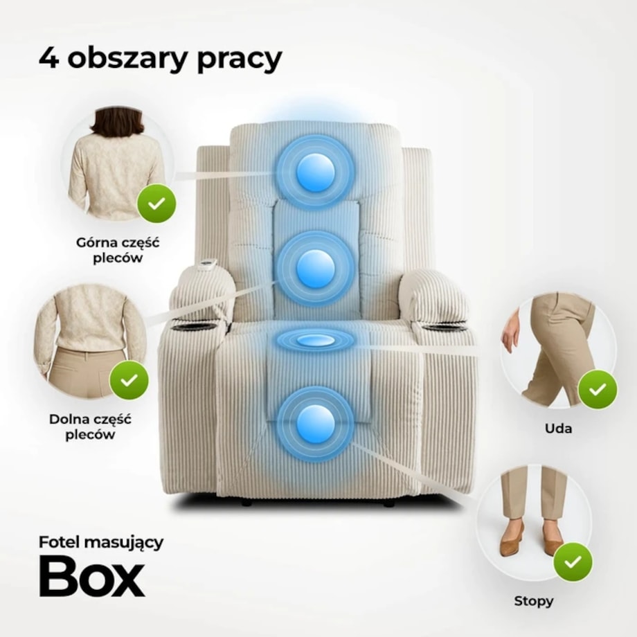 Fotel Masujący Rozkładany z Podnóżkiem Obrotowy 360 Do Salonu Beżowy BOX