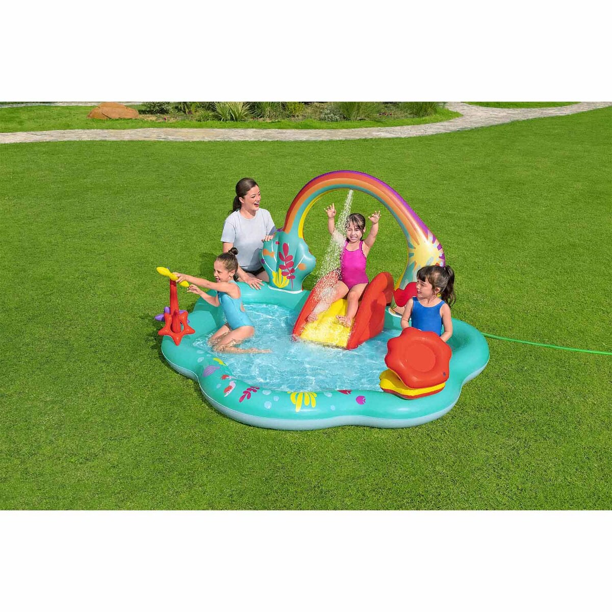 Dmuchany plac zabaw wodny Bestway 91097 Syrenka Disney zjeżdżalnia 211x206x127 cm