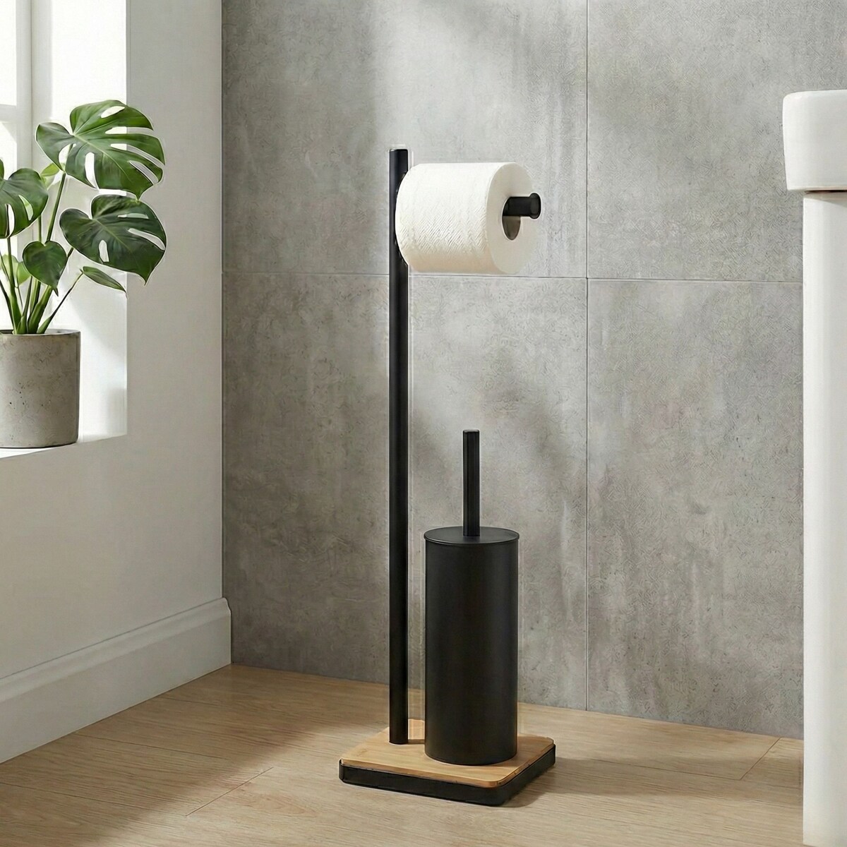 Szczotka do WC z uchwytem na papier toaletowy i bambusową podstawką IVLO, 65 cm