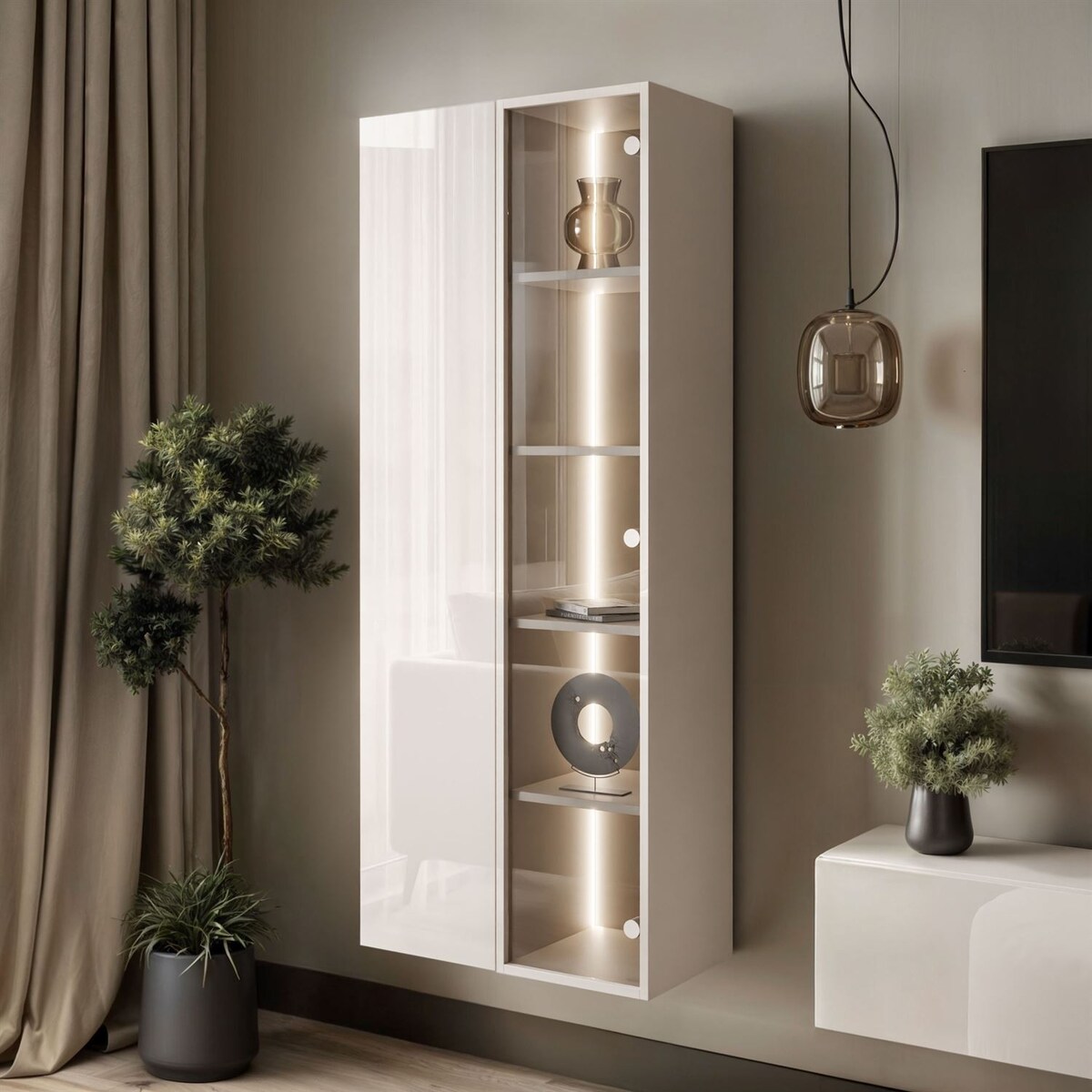 Podwieszana witryna CARMEN z oświetleniem LED, kaszmir