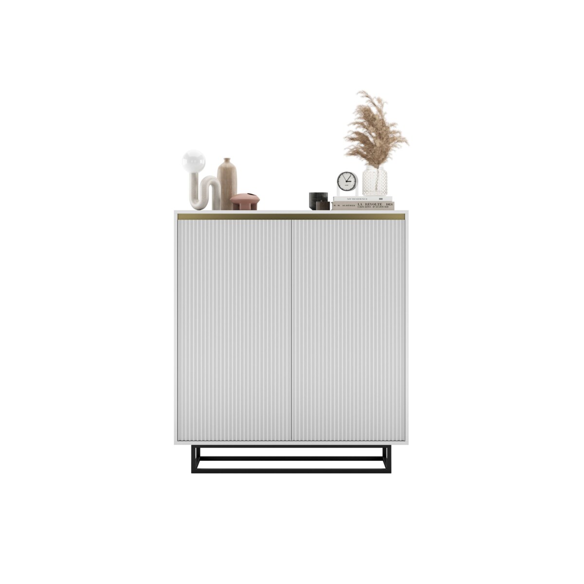 Komoda Glamour Szafka RTV Biały MAT ryflowane fronty czarny stelaż 110,8 cm