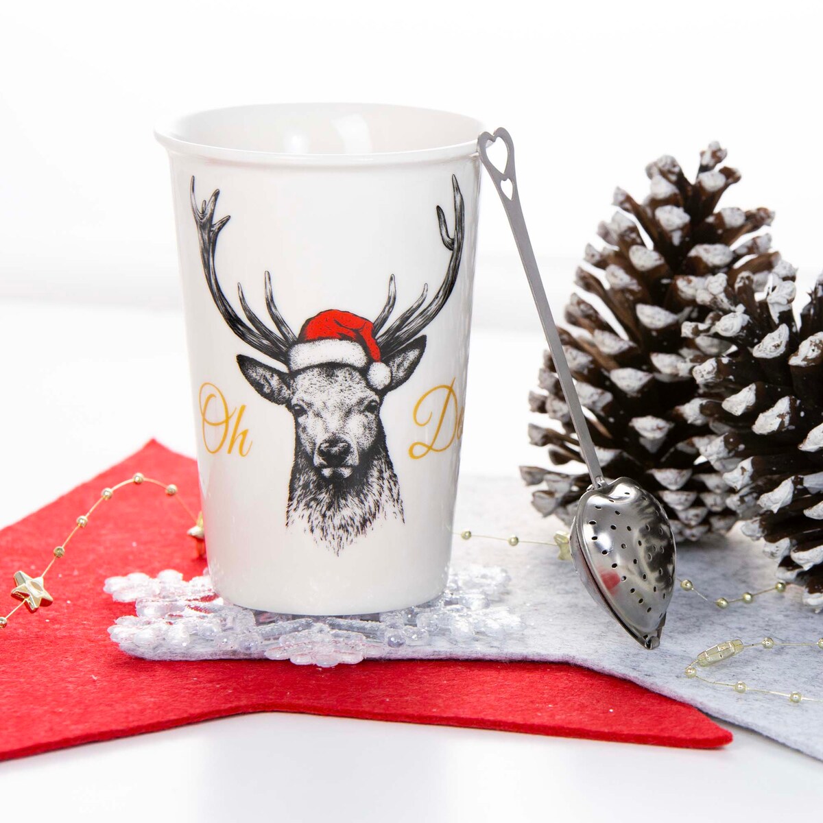 Kubek Świąteczny Porcelanowy Zestaw + Zaparzacz/Mieszadełko 2 szt.