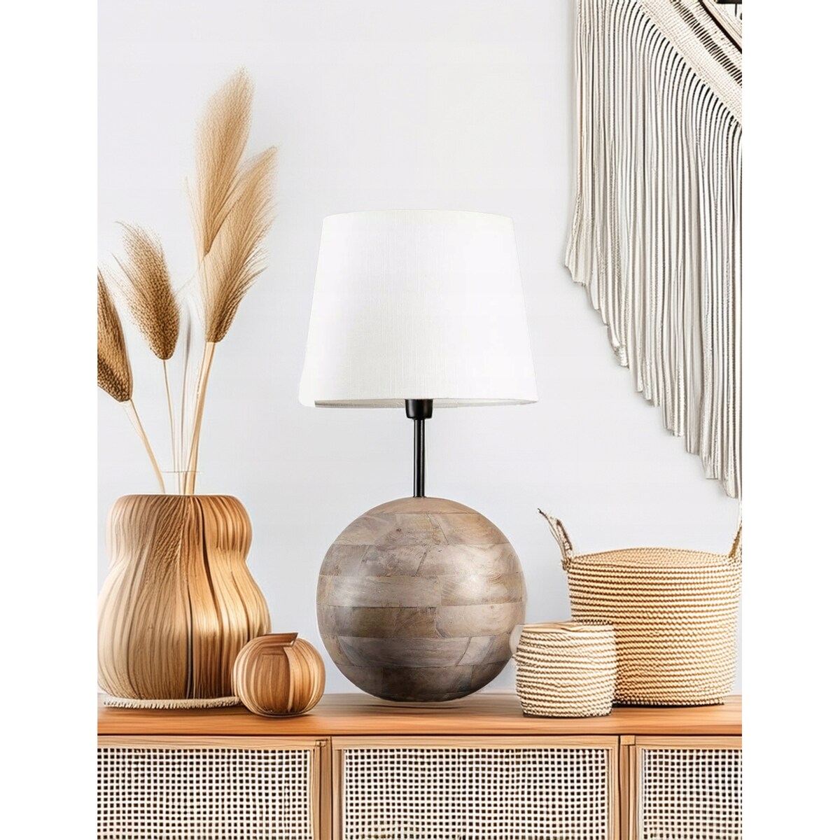LAMPA DREWNIANA BOHO 47cm kula stołowa stojąca nocna biurkowa do salonu