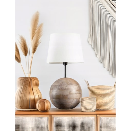 LAMPA DREWNIANA BOHO 47cm kula stołowa stojąca nocna biurkowa do salonu