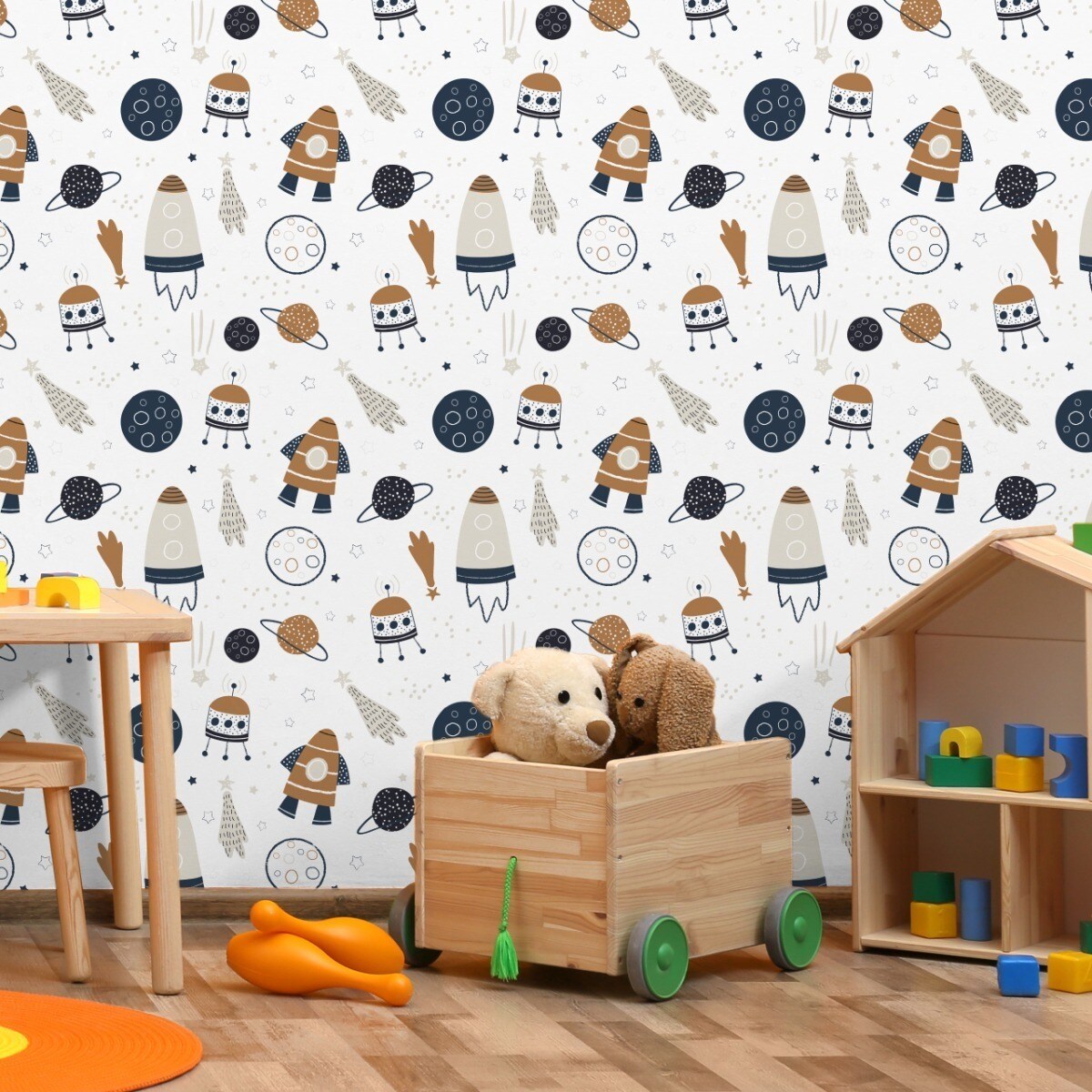 Tapeta Dziecięca KOSMOS Rakiety Planety Gwiazdy
