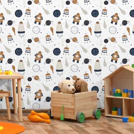 Tapeta Dziecięca KOSMOS Rakiety Planety Gwiazdy