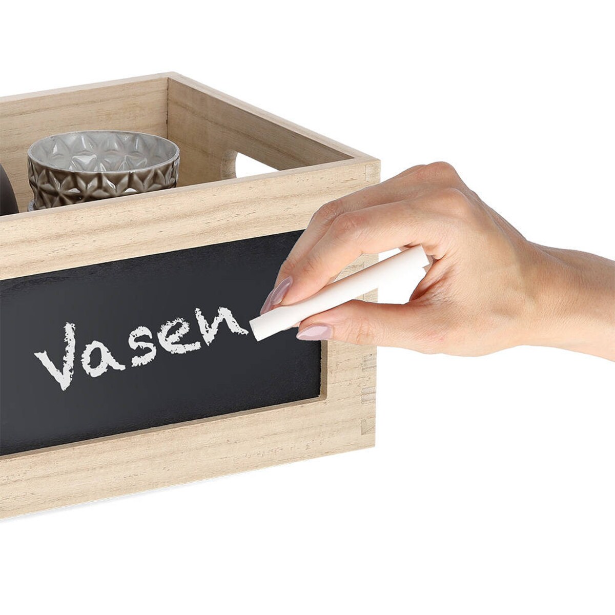 Drewniany organizer do przechowywania, pojemnik z tablicą kredową
