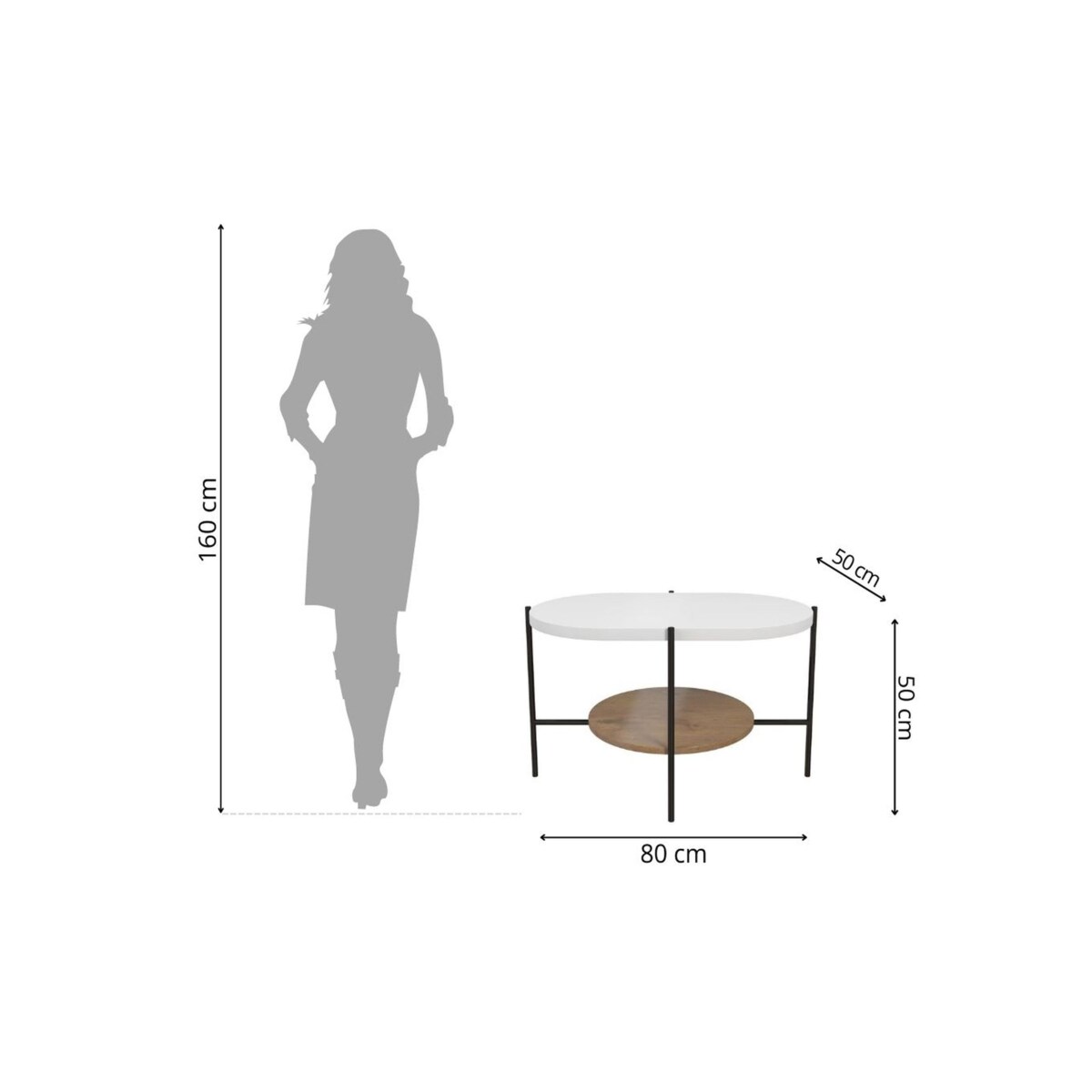 Nowoczesny stolik kawowy Dancan ARENA / czarna podstawa + biały i dębowy blat