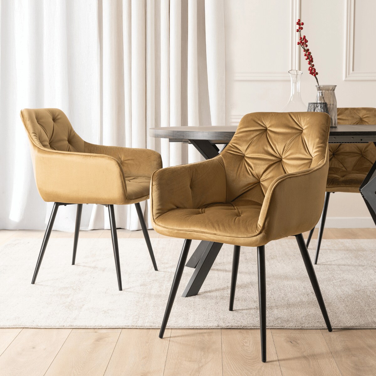 Krzesło Tapicerowane Welurowe Pikowane Do Salonu Musztardowy MODESTO