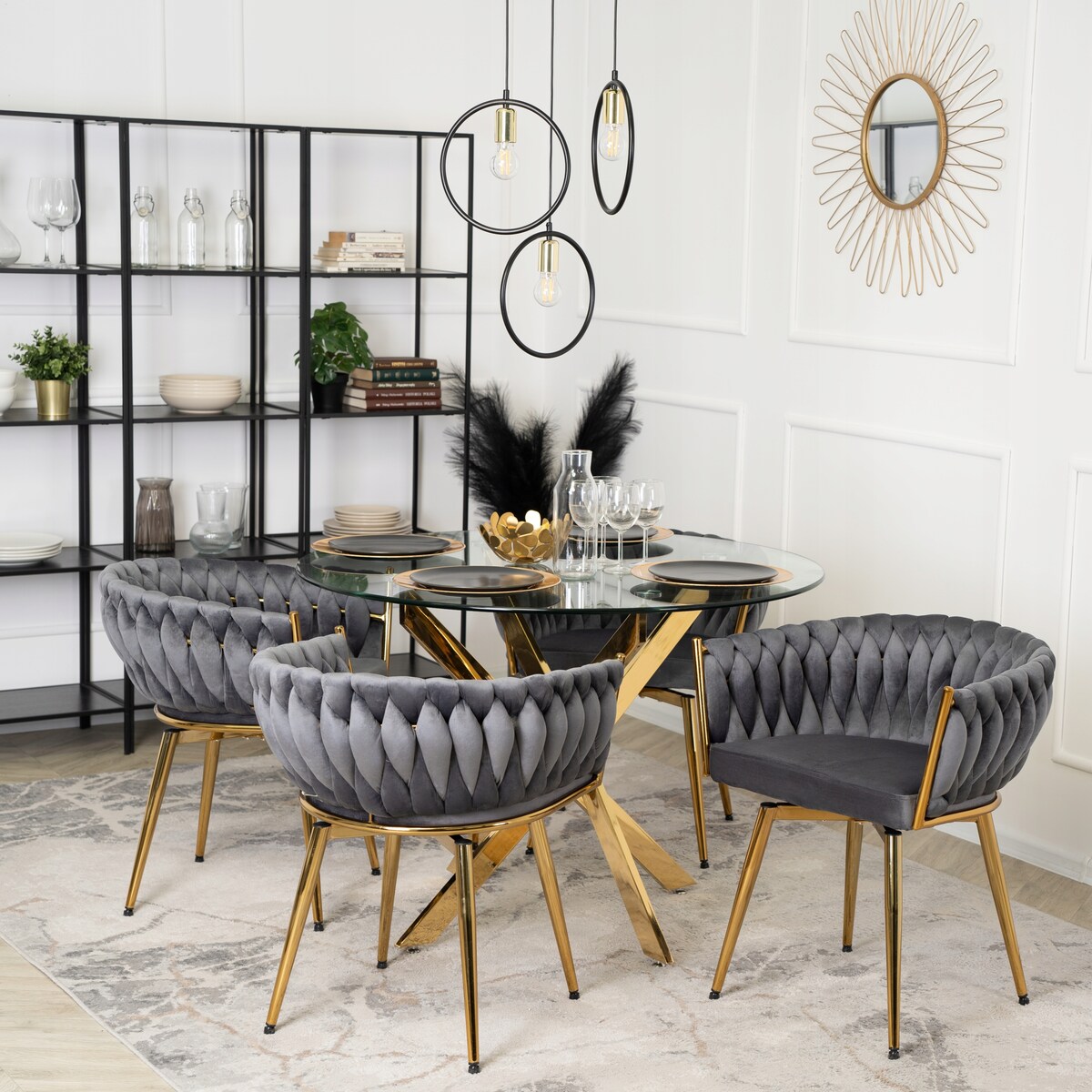 Krzesło Obrotowe Plecione Tapicerowane Welurowe Do Jadalni Szare RUBI