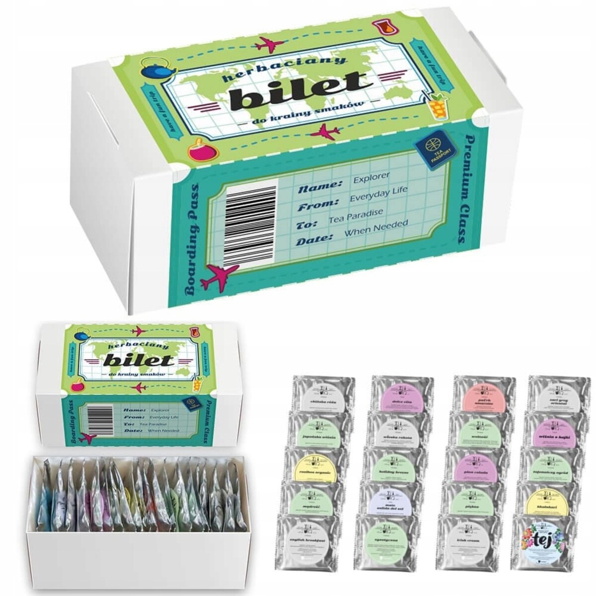 Zestaw prezentowy upominkowy box - 20 różnych smaków herbat liściastych "HERBACIANY BILET" na prezent upominek dla kobiety faceta mężczyzny niej niego