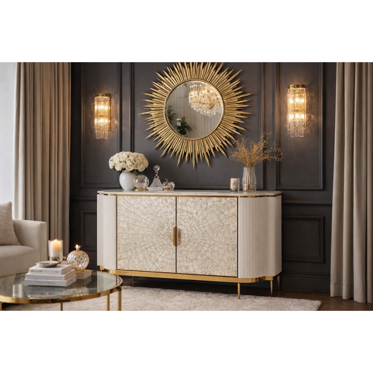 Komoda ryflowana jasno-złota Champion Glamour Premium z muszelkami 150x40x88