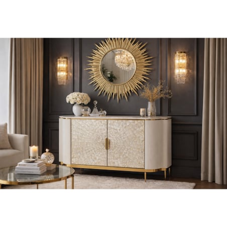 Komoda ryflowana jasno-złota Champion Glamour Premium z muszelkami 150x40x88