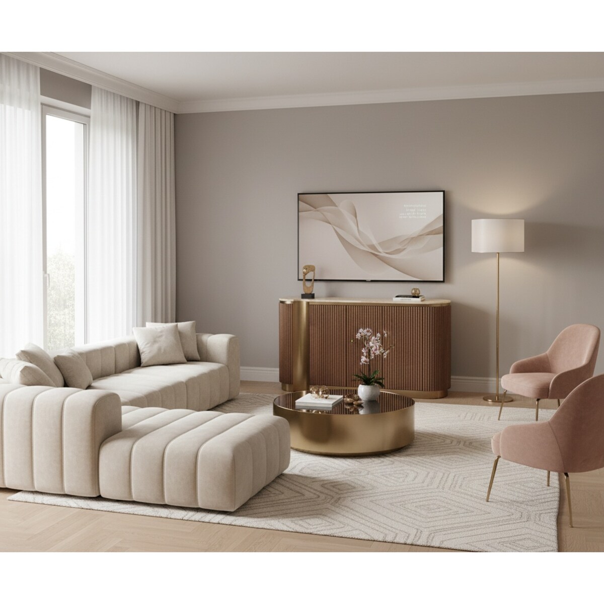 Ryflowana komoda drewniana brązowa złota Nutris Glamour Premium z blatem marmurowym 158x40x88