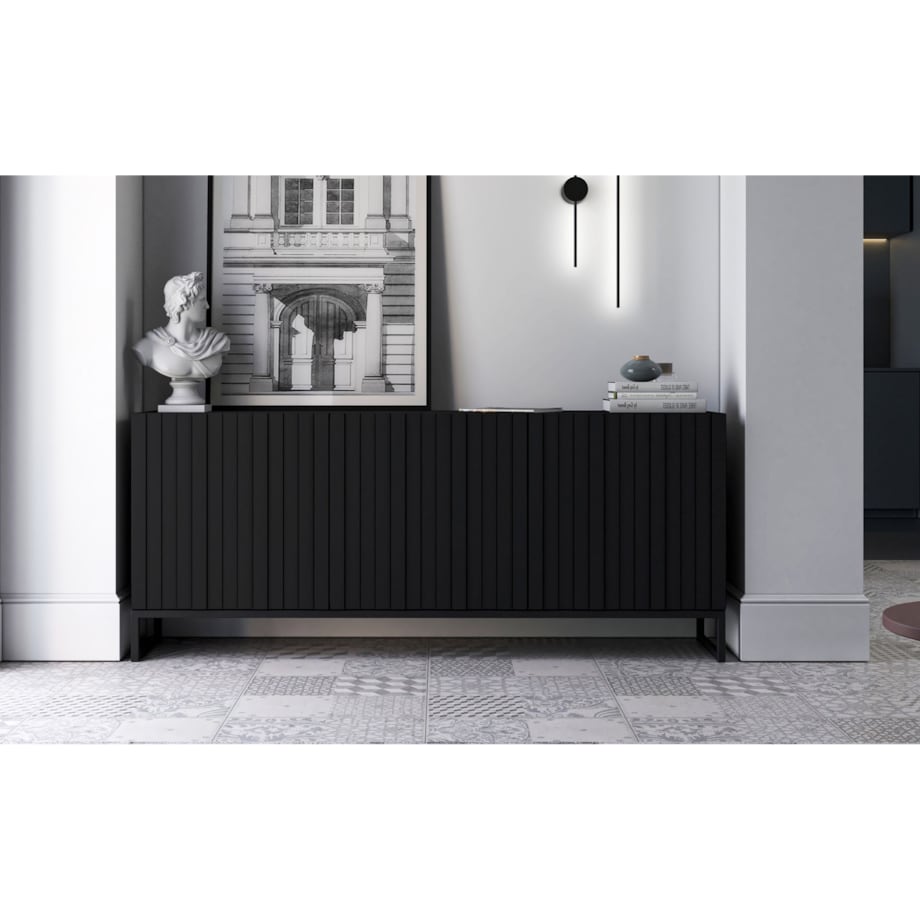 Komoda RTV Industrialna Czarny Mat Szafka RTV Glamour 168 cm Ryflowane fronty