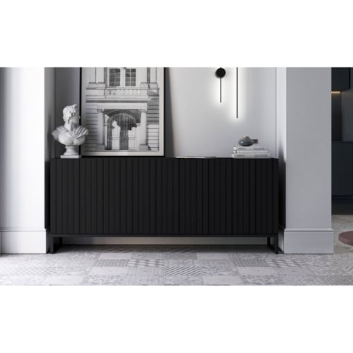 Komoda RTV Industrialna Czarny Mat Szafka RTV Glamour 168 cm Ryflowane fronty