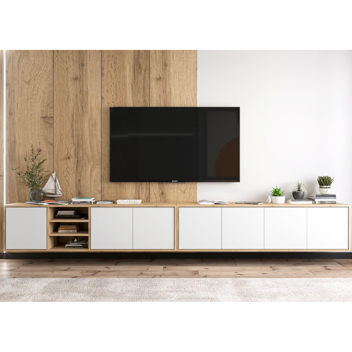 Wisząca szafka RTV Loft Industrialna Dąb Wotan Biały MAT 300 cm