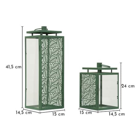 Zestaw 2 lampionów dekoracyjnych Hall, kolor zielony, metal i szkło, wysokości 41,5 i 24 cm, styl nowoczesny, dekoracja do salonu, Mauro Ferretti