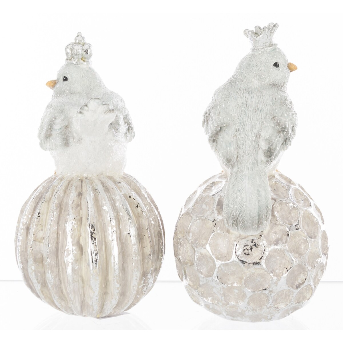 Dekoracja - 2 ptaszki w koronach siedzących na bombkach 16,5x8,5 cm SILVER