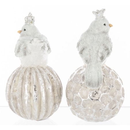 Dekoracja - 2 ptaszki w koronach siedzących na bombkach 16,5x8,5 cm SILVER