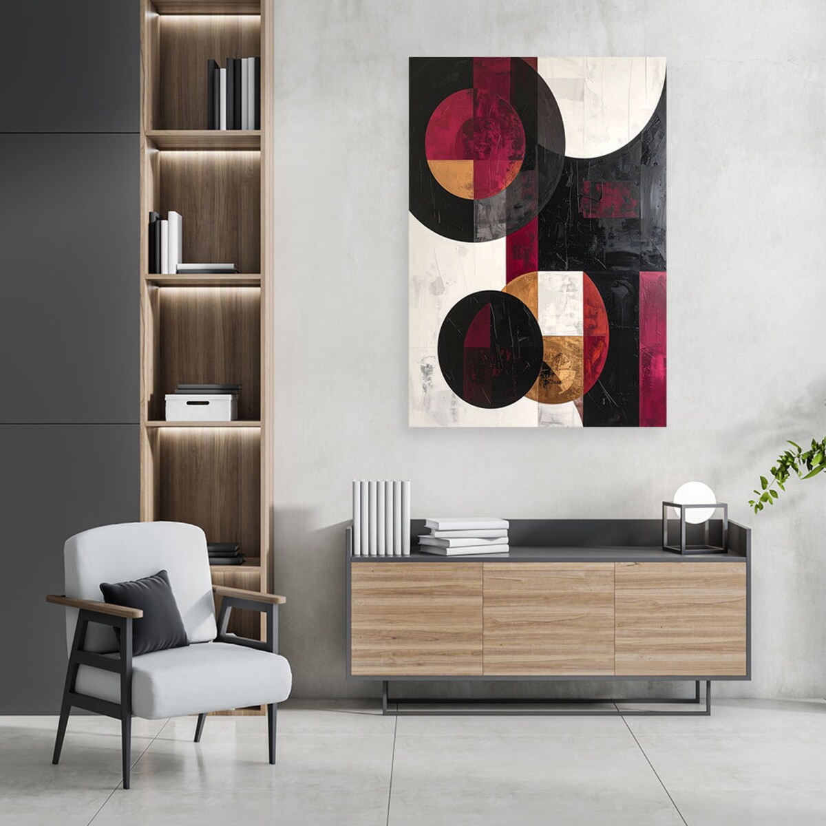 Obraz do salonu kuchni, Abstrakcyjne koła kształty w odcieniach burgundu