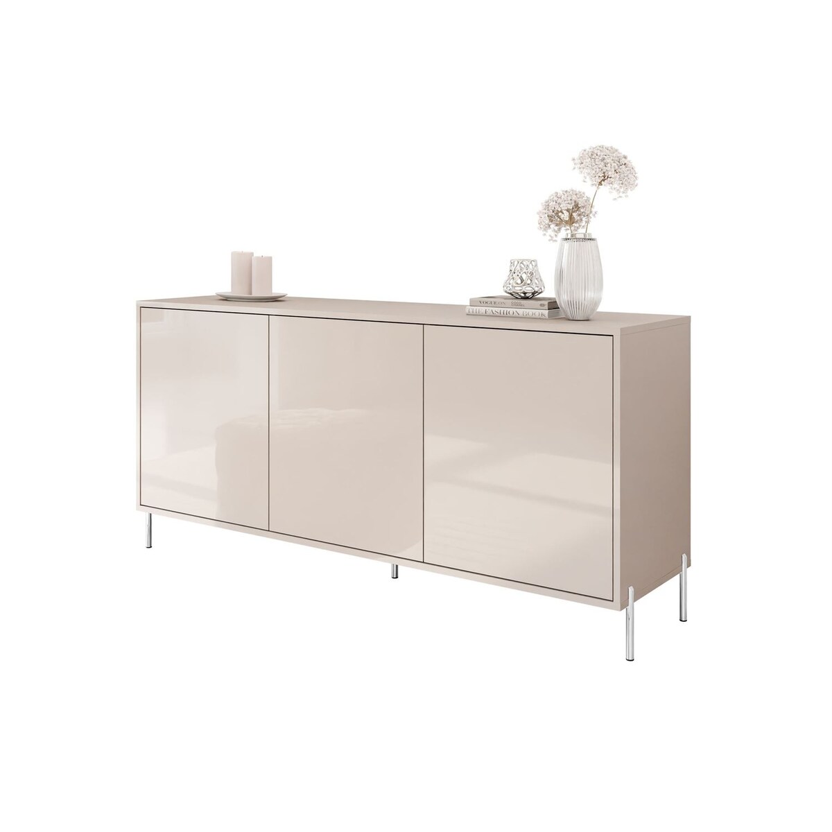 Trzydrzwiowa komoda SANAYI na wysokich, prostych, srebrnych nóżkach, kaszmir połysk