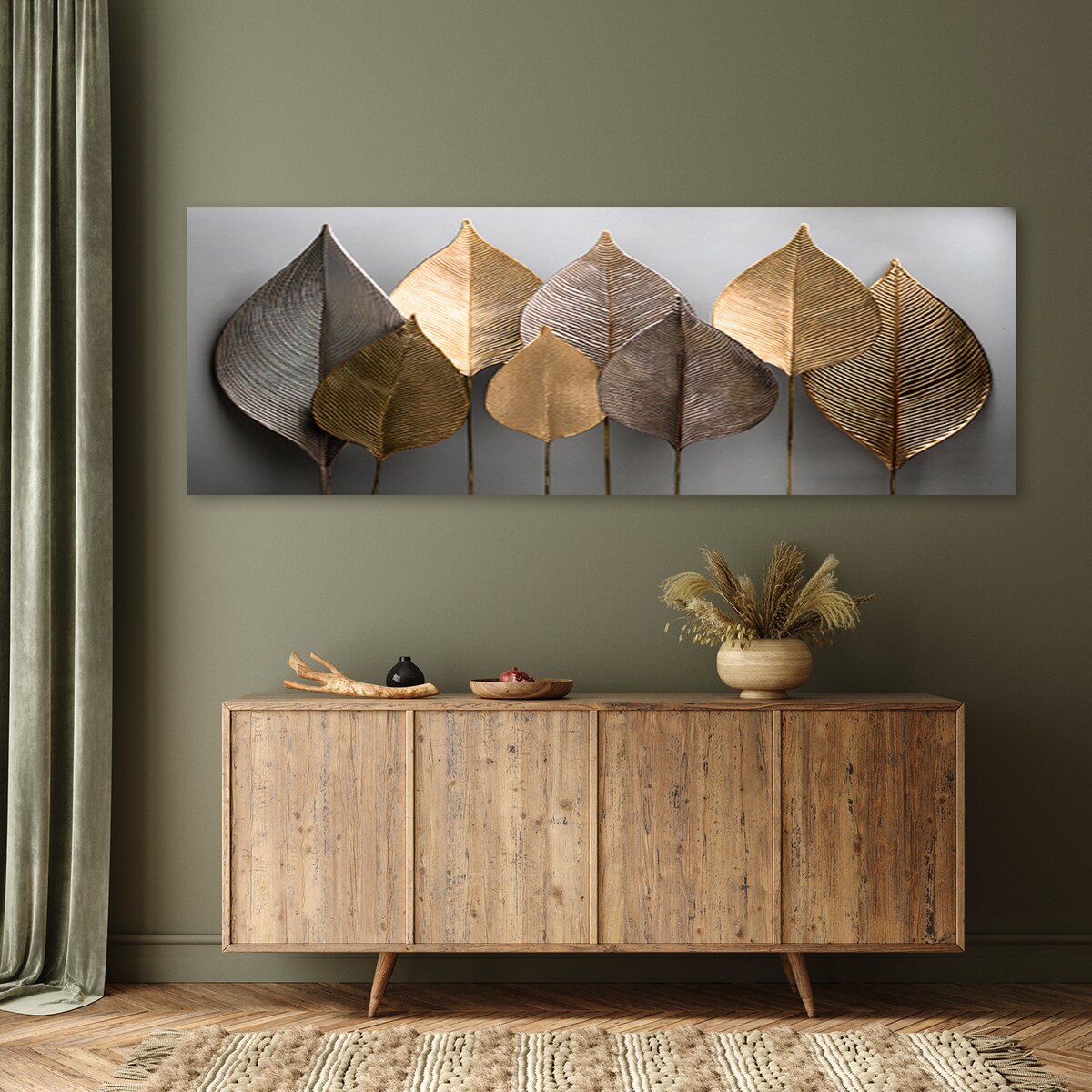Obraz panoramiczny do salonu Minimalizm Złote Liście Abstrakcja 120x40