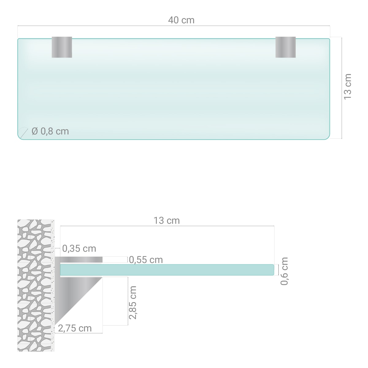 Szklana półka mrożona transparentna do łazienki 40x13 cm, szkło hartowane, srebrne uchwyty