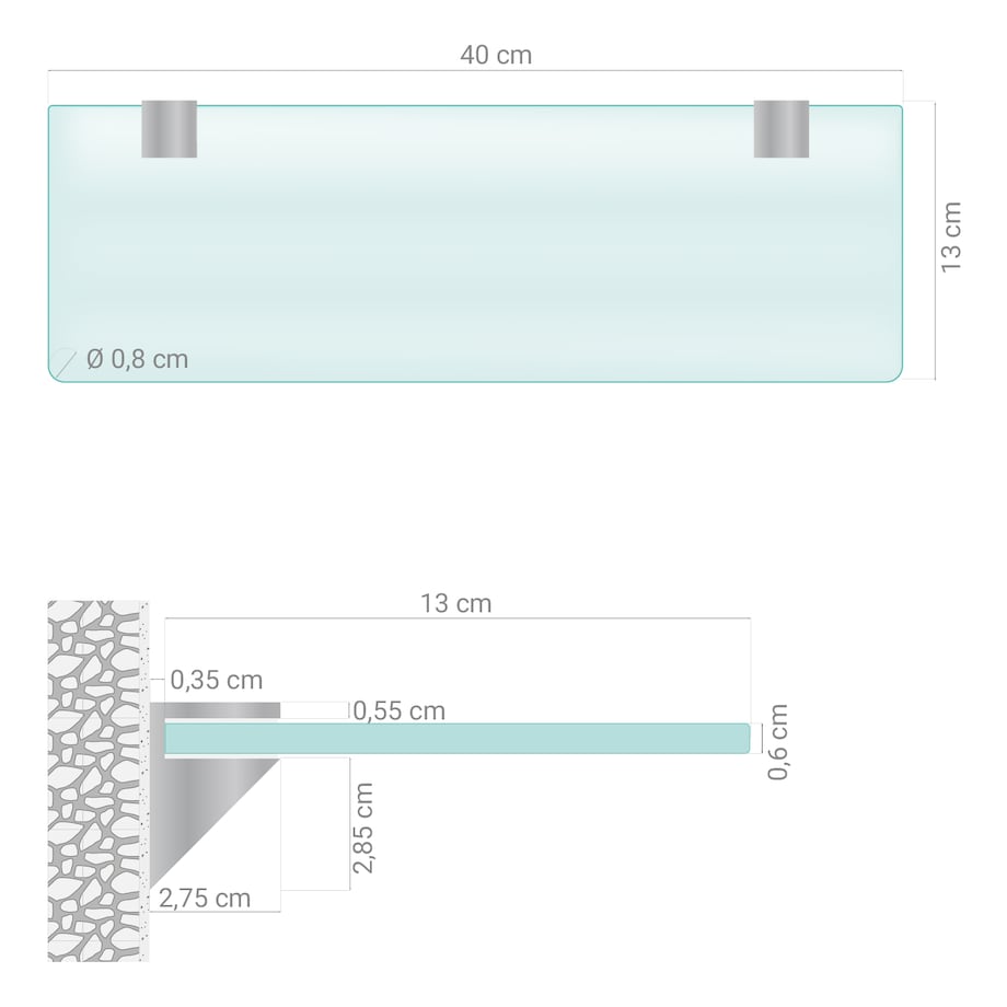 Szklana półka mrożona transparentna do łazienki 40x13 cm, szkło hartowane, srebrne uchwyty