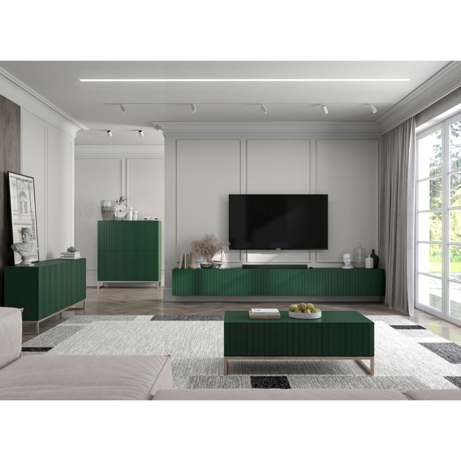 Wisząca Szafka RTV Glamour Nowoczesna Komoda RTV Butelkowa Zieleń 300 cm