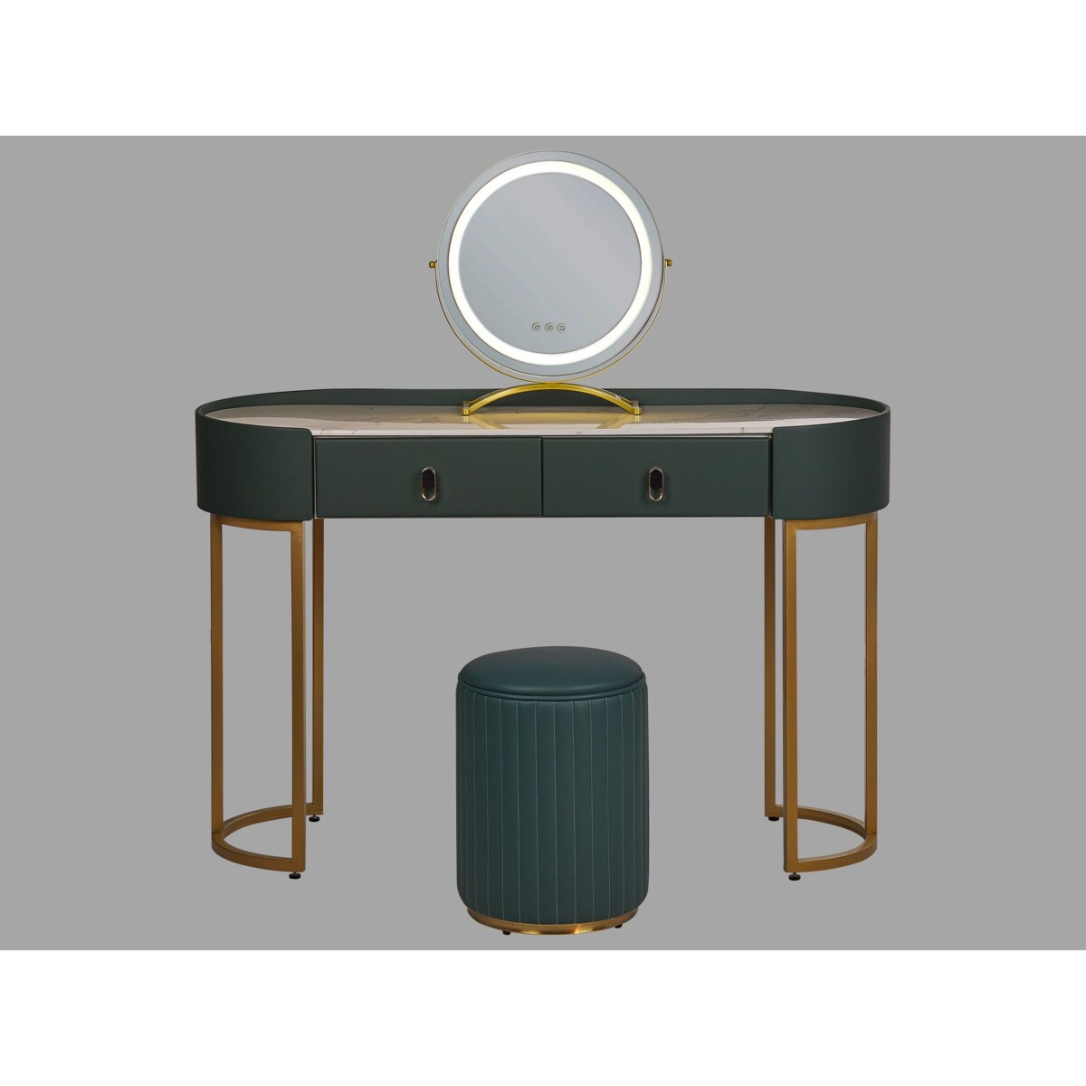Toaletka 2 szuflady lustro LED z pufem zielono-złota VINAX