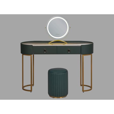 Toaletka 2 szuflady lustro LED z pufem zielono-złota VINAX