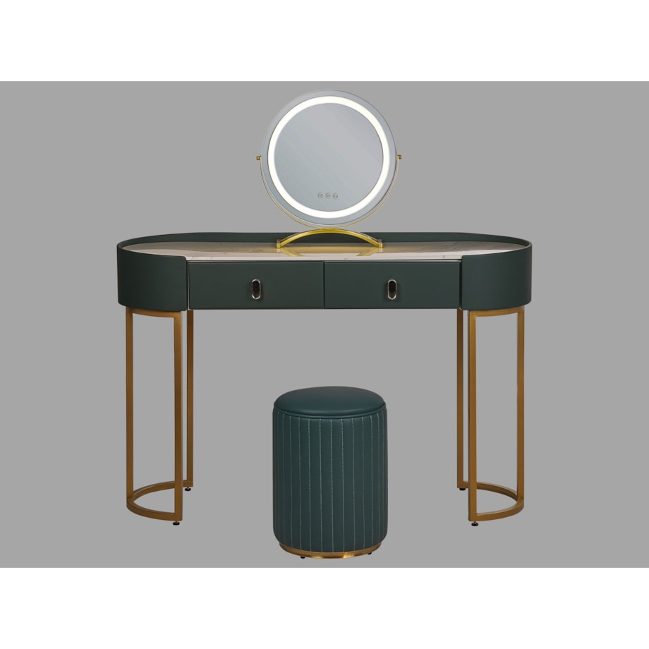 Toaletka 2 szuflady lustro LED z pufem zielono-złota VINAX