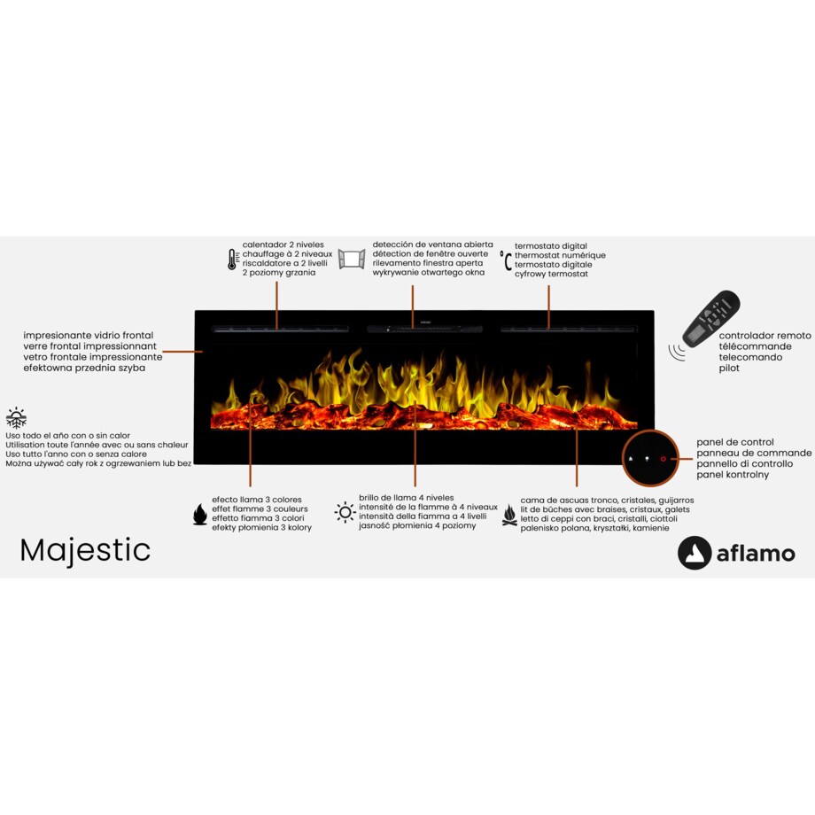 Kominek elektryczny AFLAMO Majestic 50 - ścienny i do zabudowy - 128x55x14 cm - kominek LED z funkcją grzania 750/1500 W