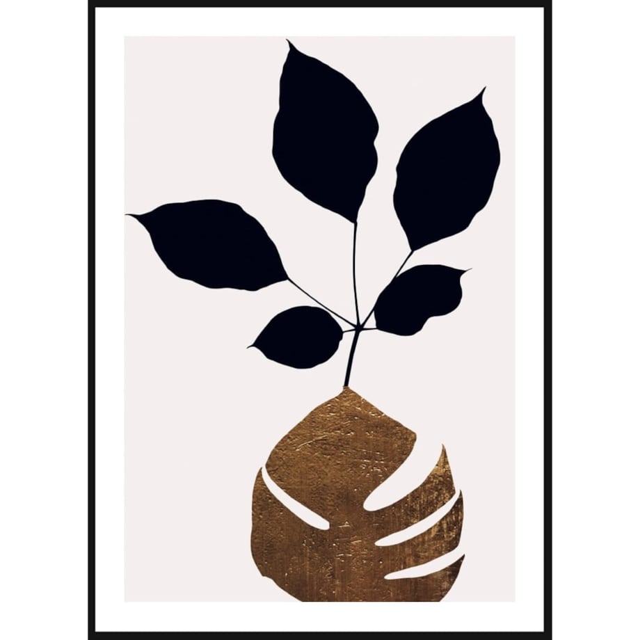 Poster Story, Plakat, Obraz - Złota Monstera z Czarną Gałązką, wymiary 60 x 84 cm