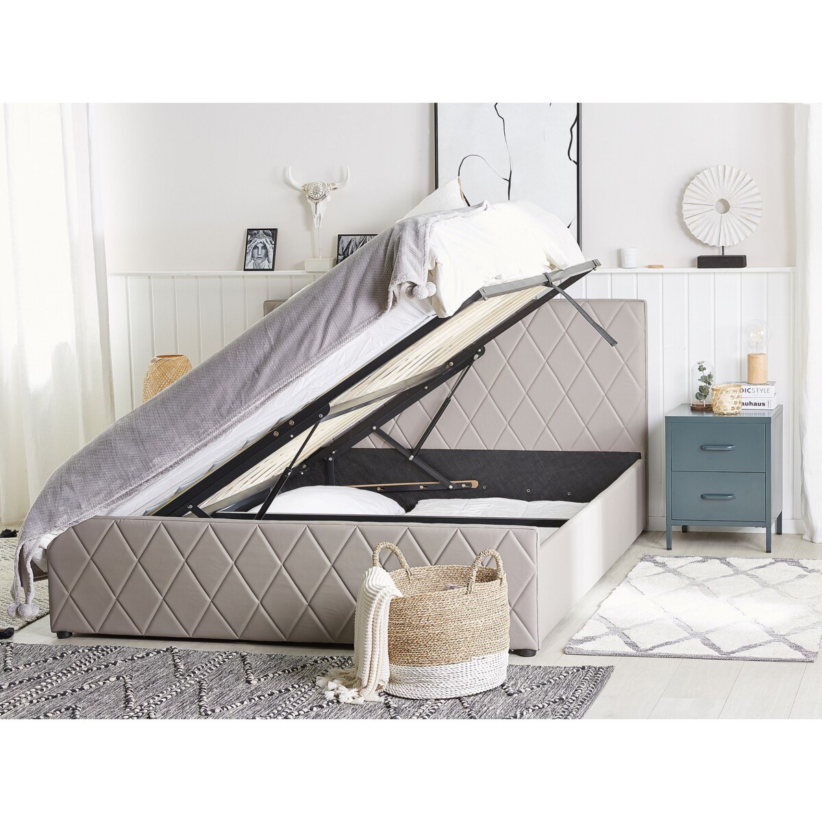 Łóżko z pojemnikiem ekoskóra 160 x 200 cm beżowoszare ROCHEFORT