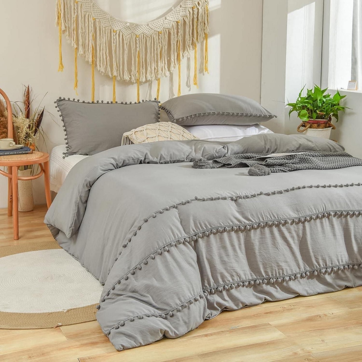 pościel mikrofibra boho z pomponami 160x200 cm