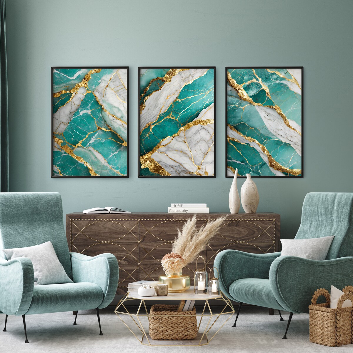 ZESTAW 3X PLAKAT W RAMIE DO SYPIALNI TURKUSOWY MARMUR STYL GLAMOUR 60x80cm