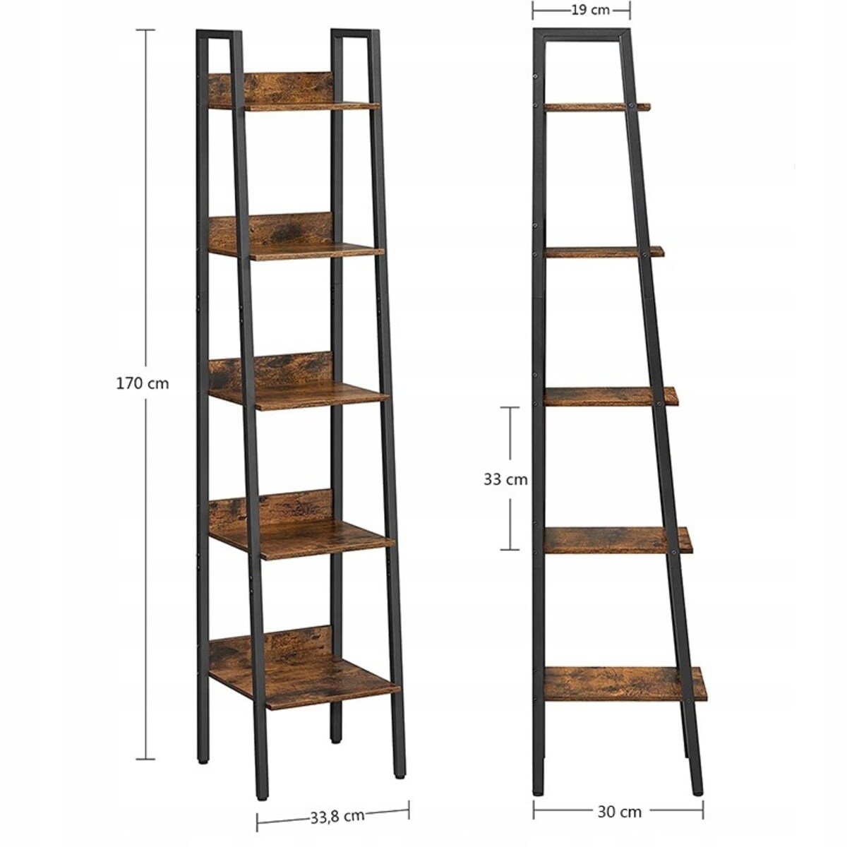 Industrialny regał stojący czarny 5 półek drabinka na książki loft modern