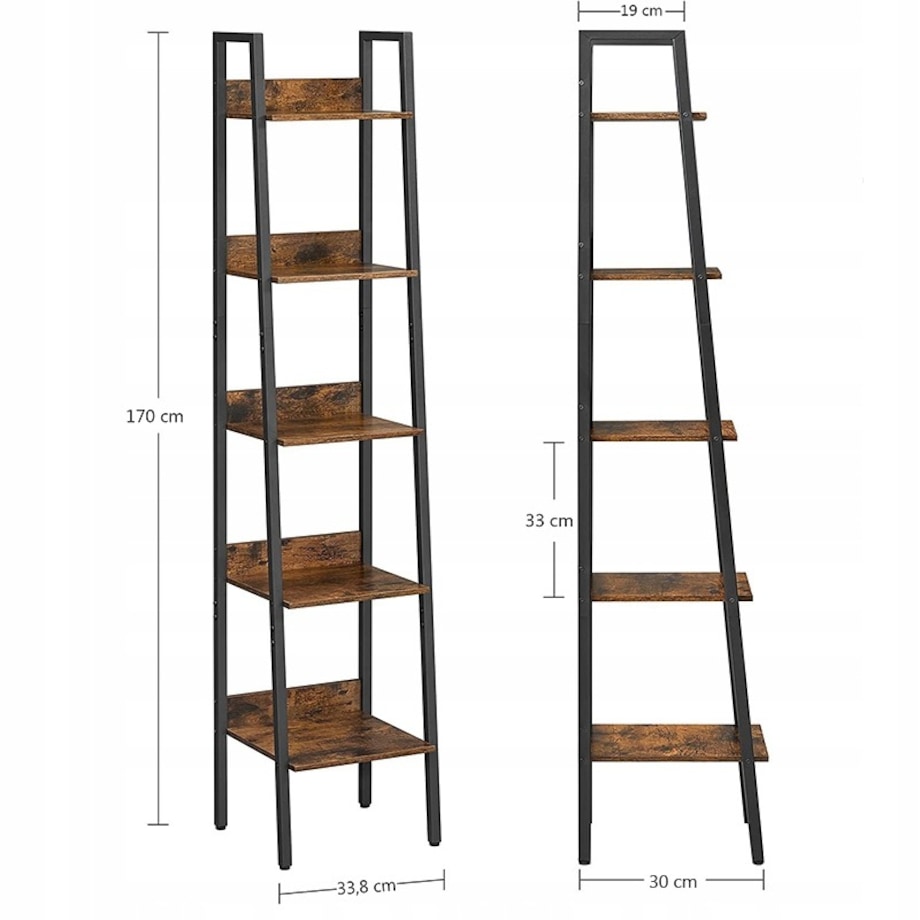 Industrialny regał stojący czarny 5 półek drabinka na książki loft modern