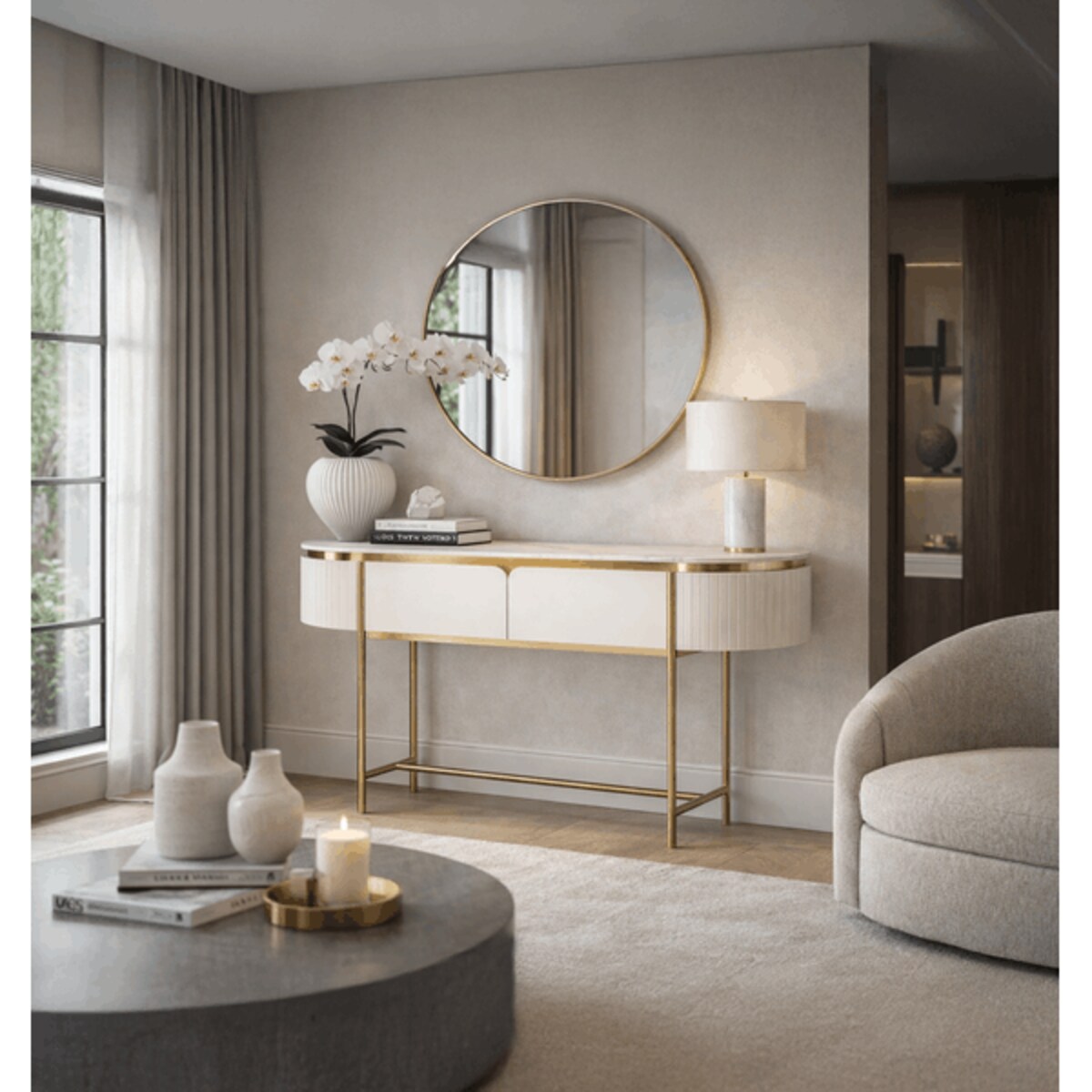 Konsola glamour ecru złota Bueno z marmurem 140x36x86