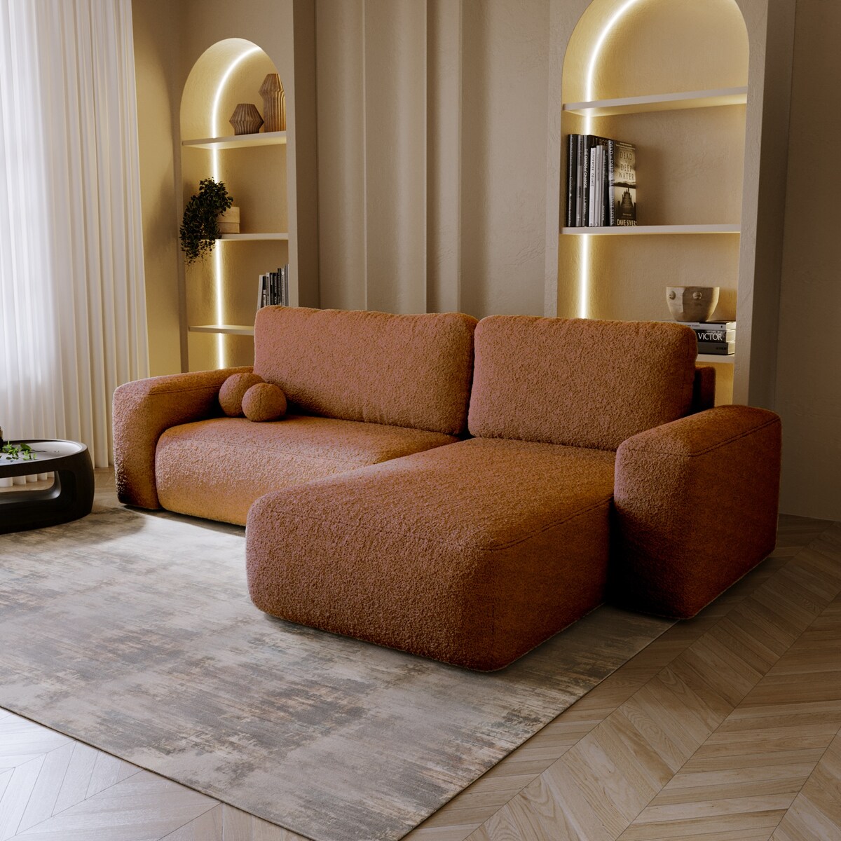 Narożnik Prawy ILO z funkcją spania i pojemnikiem na pościel, ceglasty