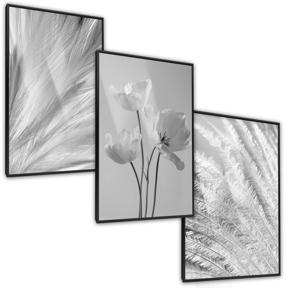 ZESTAW 3X PLAKAT W RAMIE CZARNO-BIAŁE PIÓRA TULIPANY KWIATY DO SALONU 30x40cm