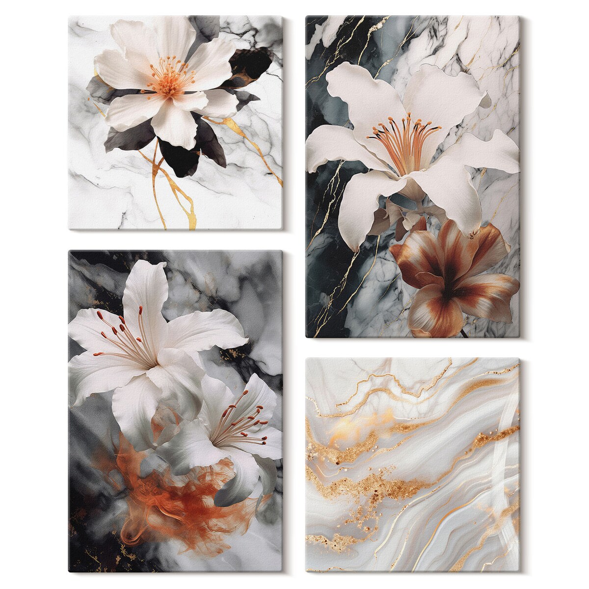 Zestaw 4 obrazów na płótnie - Kwiaty marmur biel czerń - szary