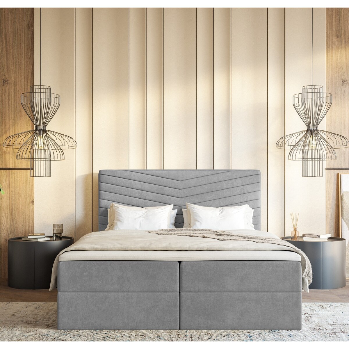 Łóżko kontynentalne G4 do sypialni 160x200 z pojemnikiem i materacem- szare