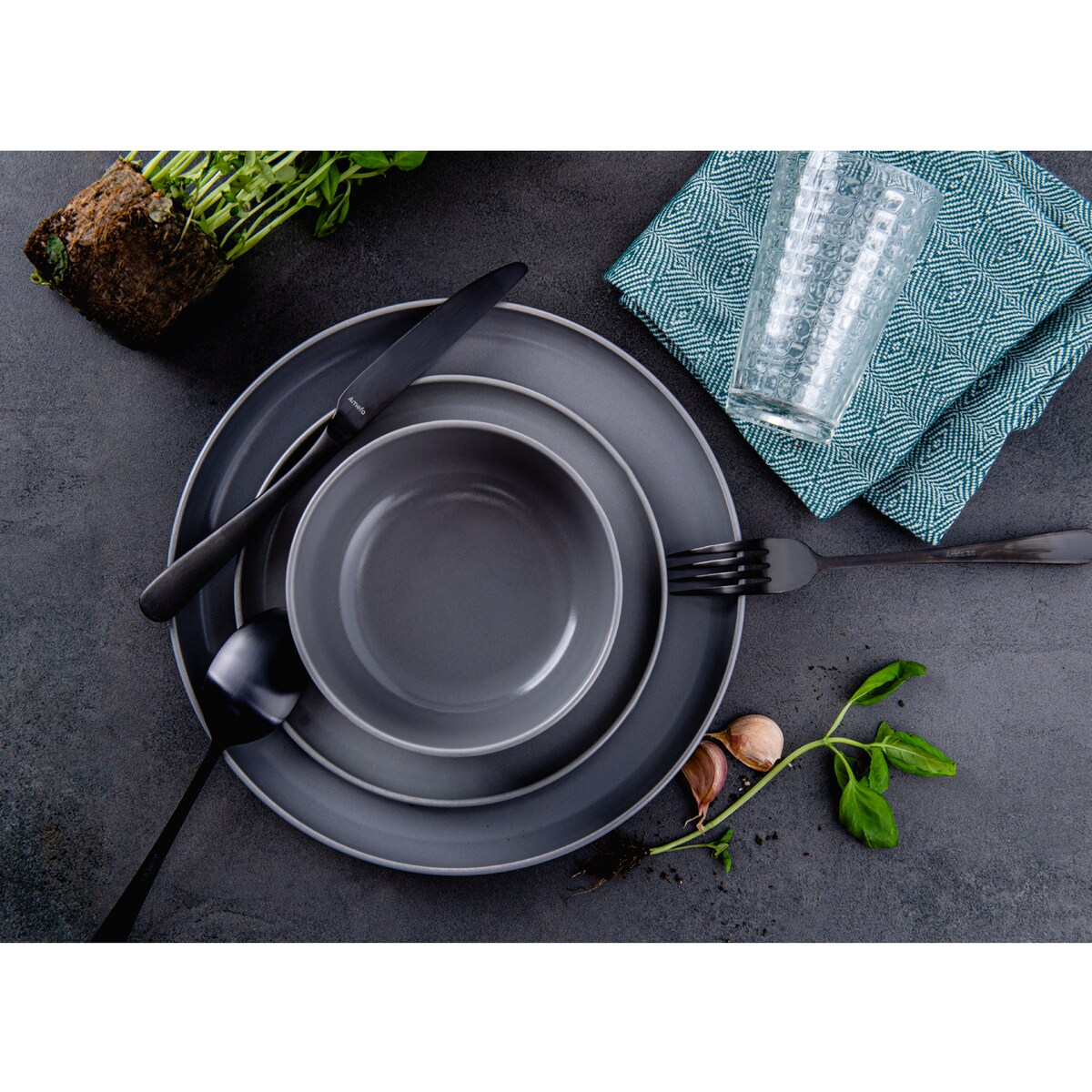 KONSIMO VICTO Zestaw obiadowy 6-osobowy (18 elementów) w kolorze szarym