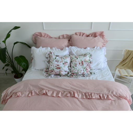 Pościel Bawełniana Z Falbanką Zestaw Komplet Do Sypialni Kołdra + 6 Poduszek 220X200 Cm Brudny Róż Biel Kwiaty